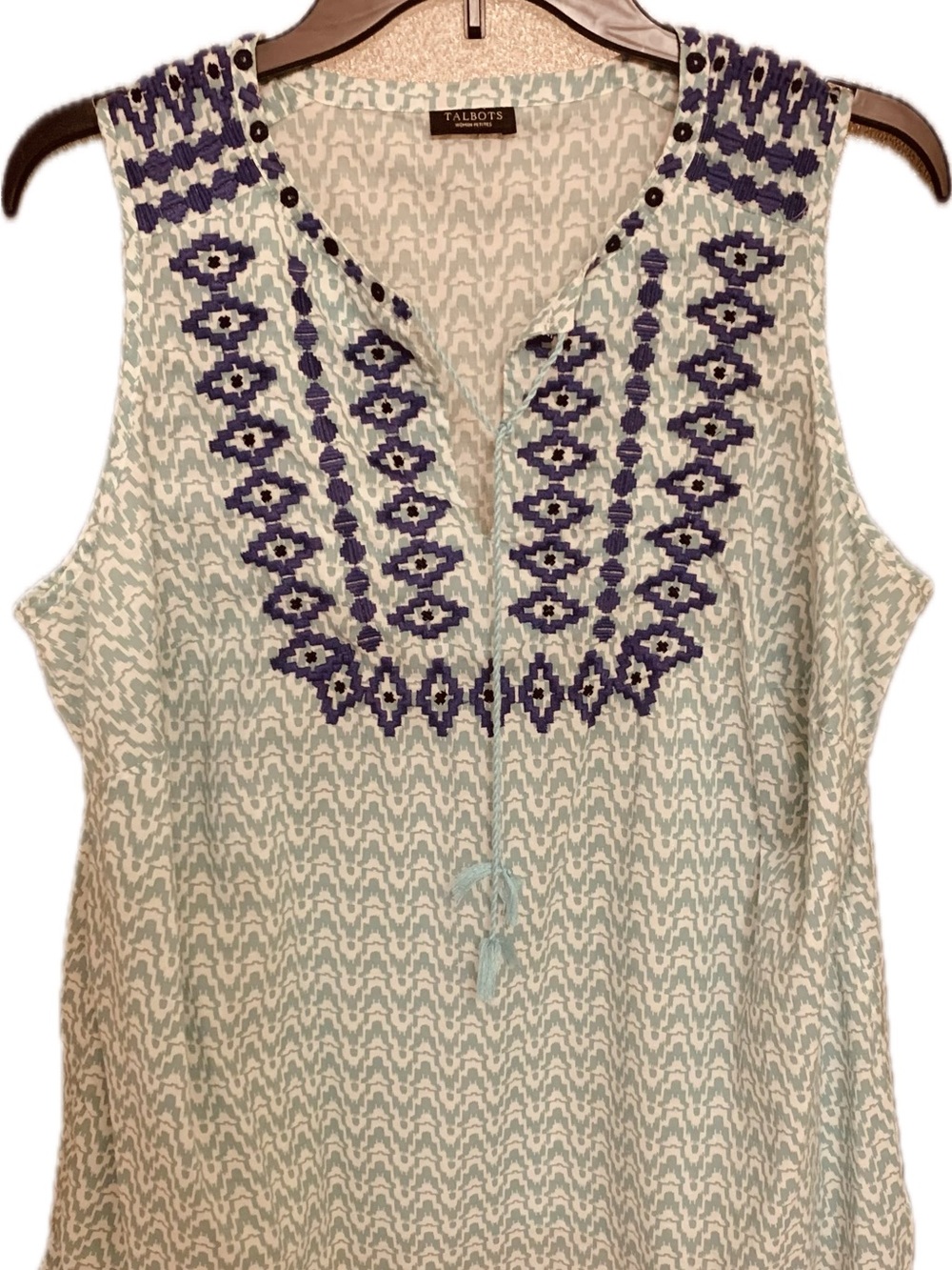 Talbots Mint Green Sleeveless Tunic with Navy Embroidery